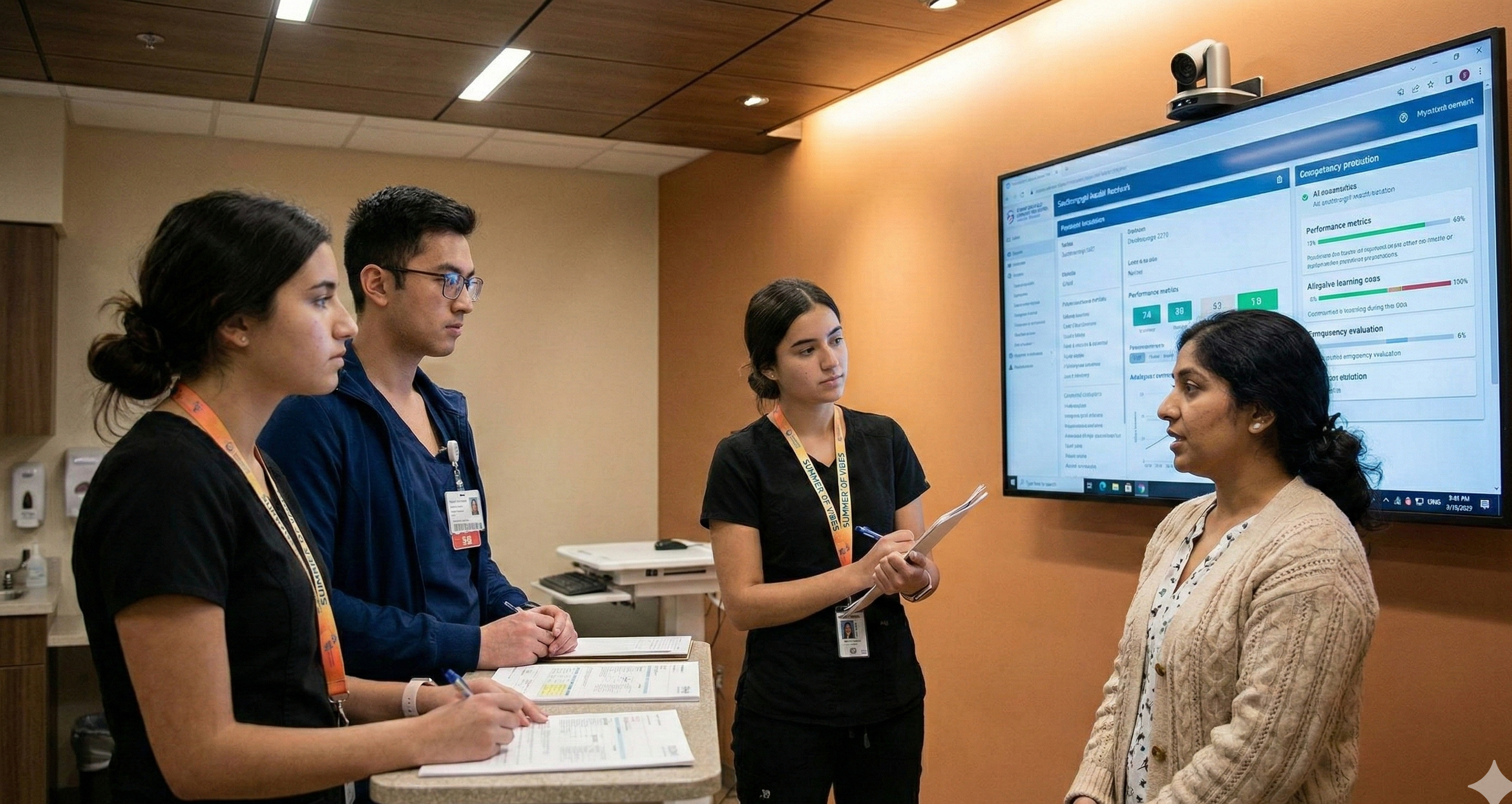 Students working with clinicians on the unit